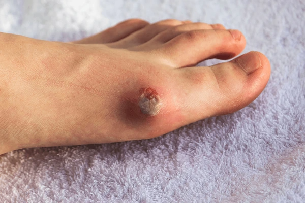 A close-up image of a diabetic leg ulcer with proper wound care being administered, highlighting essential treatment and prevention measures.