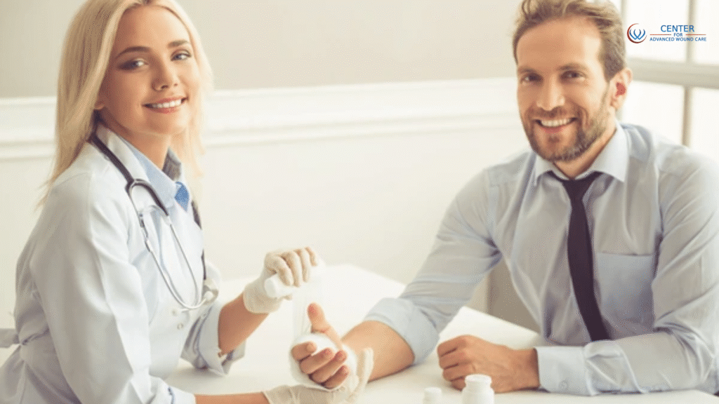 Doctor advising a patient on chronic wound treatment