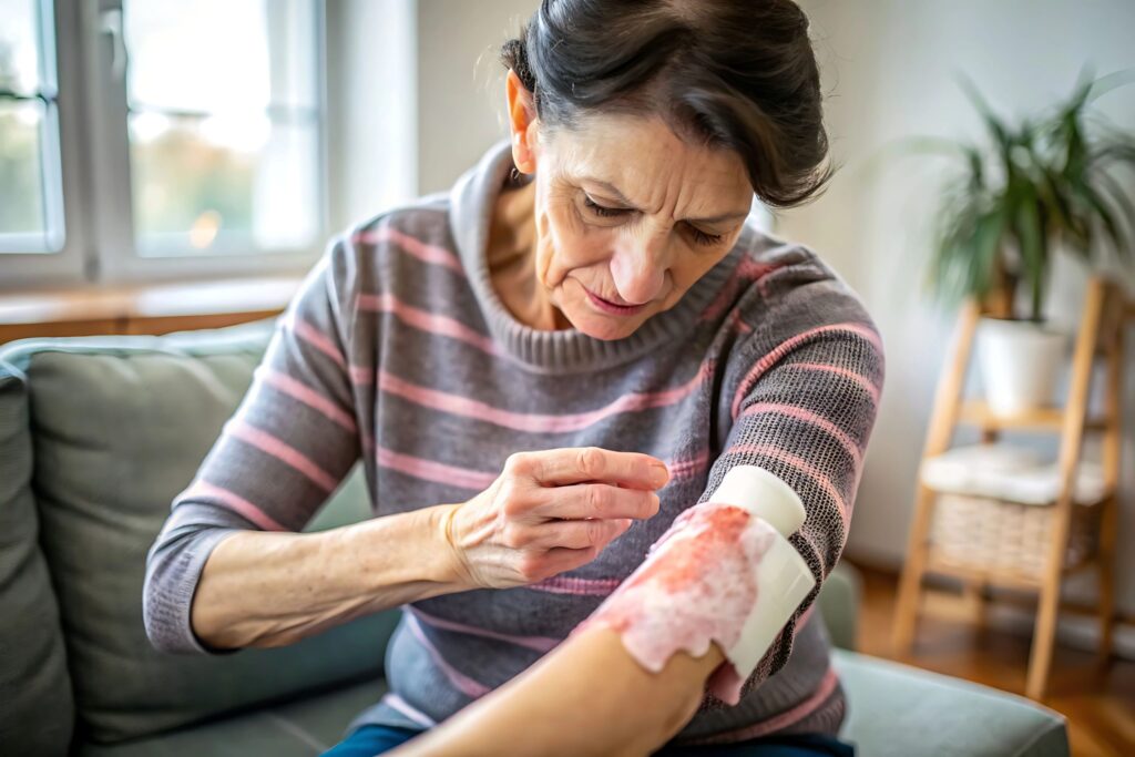 Older woman sitting on a couch applying a bandage to a bleeding wound on her forearm.