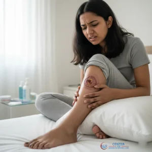 A woman sitting on a bed, looking in discomfort at a large, infected Arterial wound on her lower leg. She is wearing grey pajamas and appears to be in a clinical or home setting, with medical supplies visible in the background.