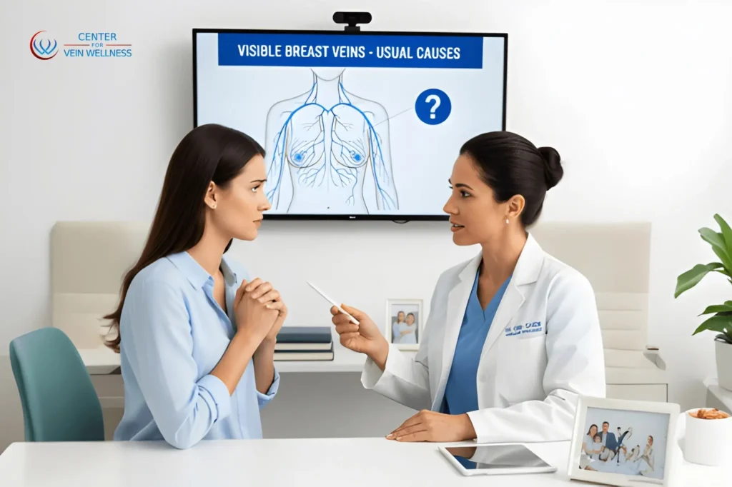 Female doctor explaining causes of visible breast veins to a patient in a medical office, with a screen showing an anatomical diagram labeled ‘Visible Breast Veins – Usual Causes.’