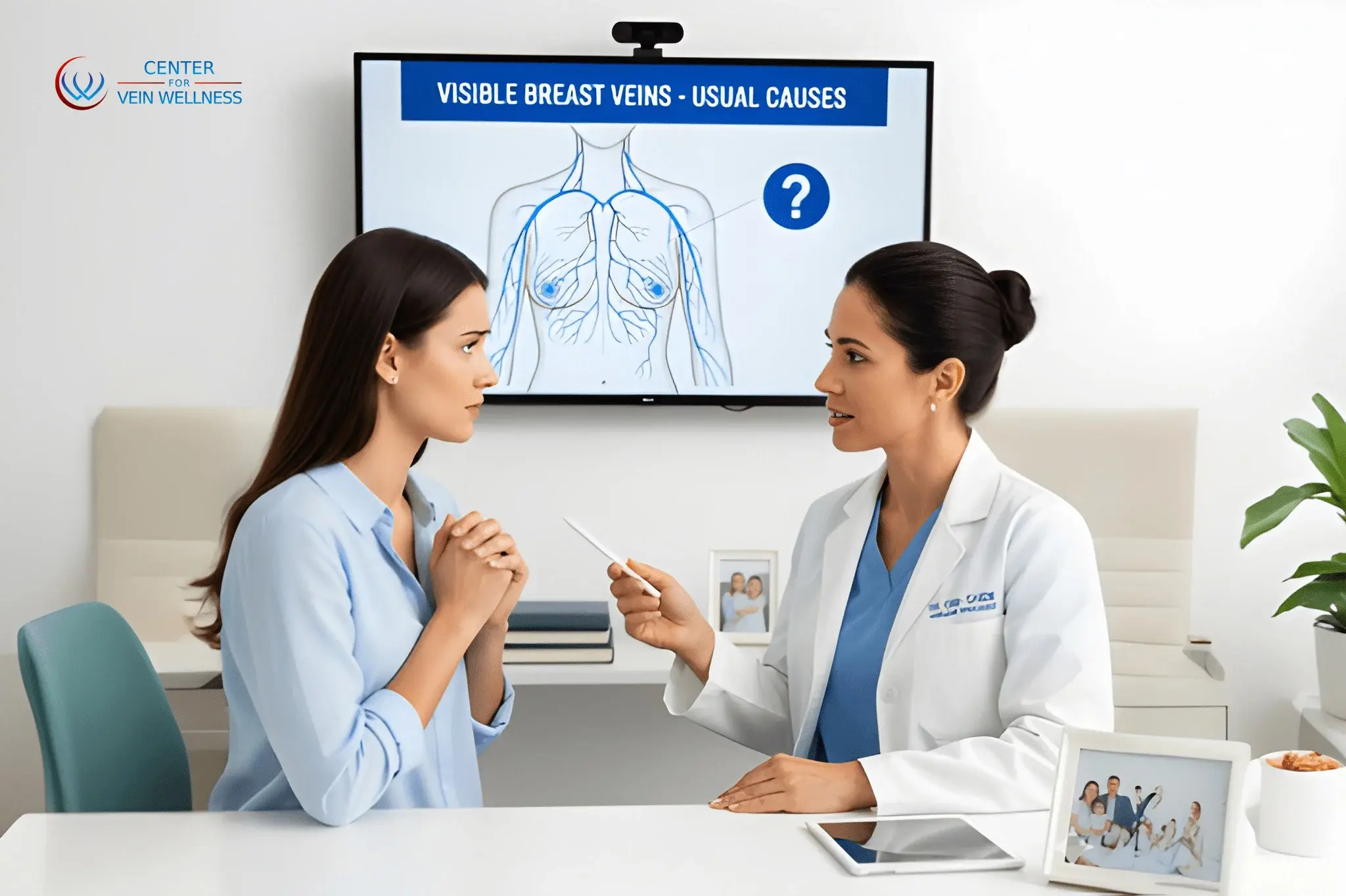 Female doctor explaining causes of visible breast veins to a patient in a medical office, with a screen showing an anatomical diagram labeled ‘Visible Breast Veins – Usual Causes.’