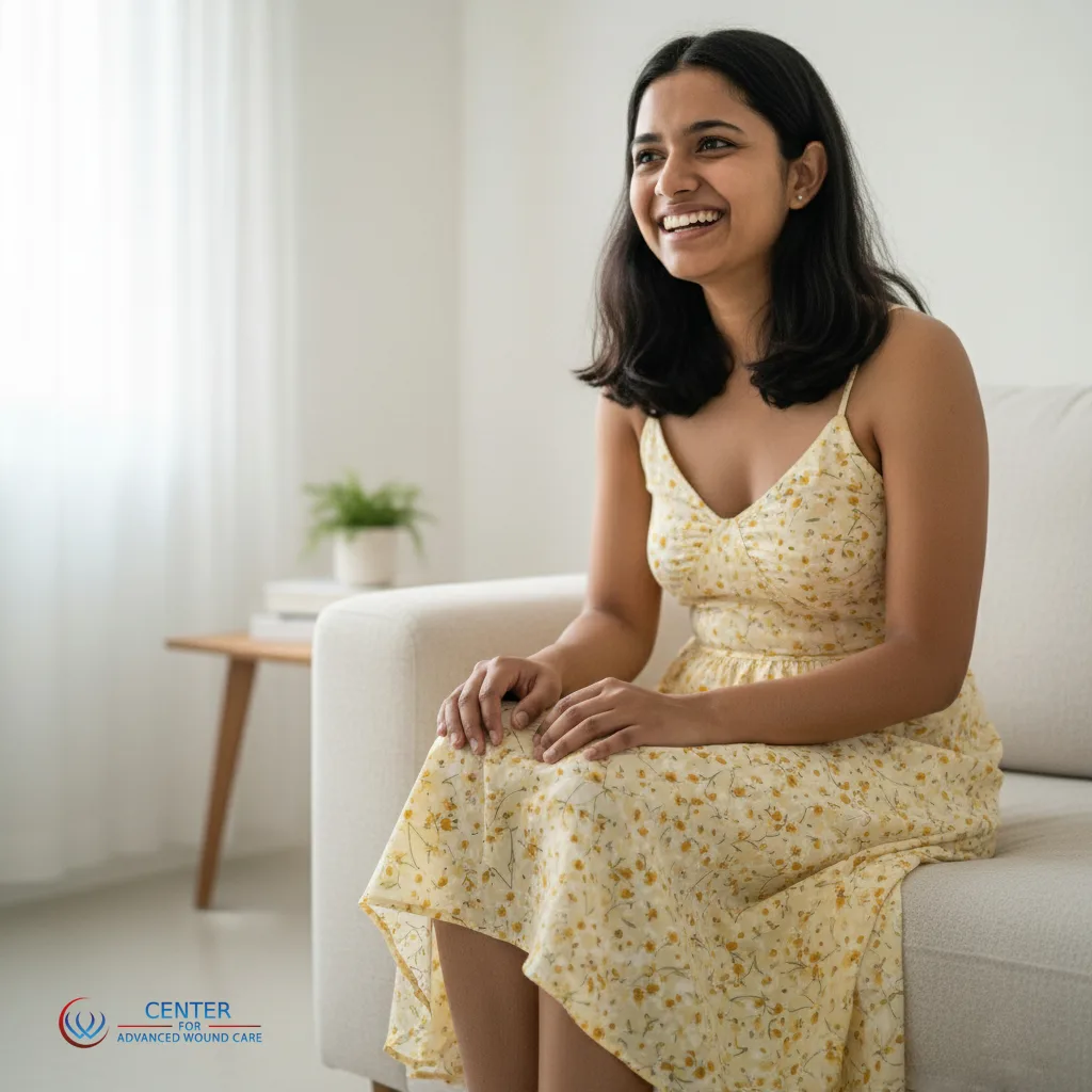 The same woman is now sitting on a couch, smiling and appearing healthy and relaxed. She is wearing a light yellow floral dress, indicating a positive recovery in a bright, comfortable setting.