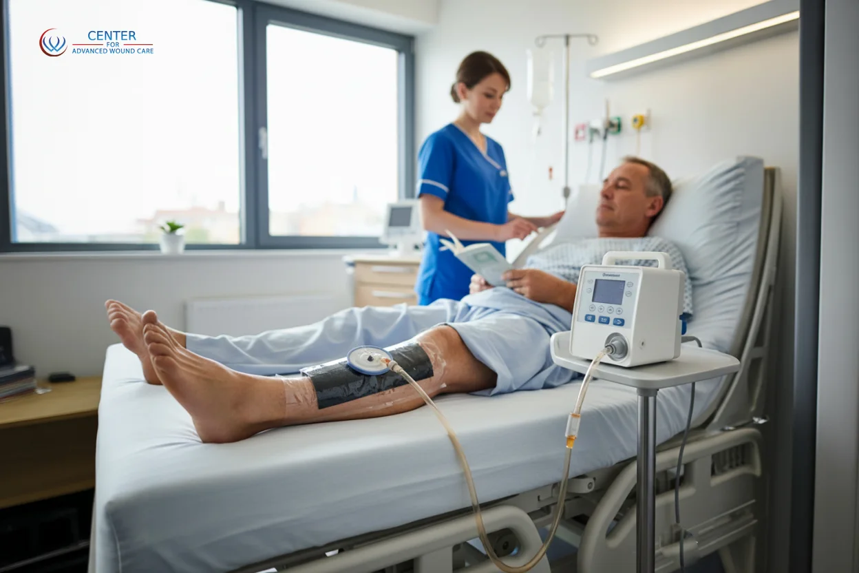 Patient receiving negative pressure wound therapy on the lower leg while resting in a hospital bed, with a nurse monitoring the wound care device.