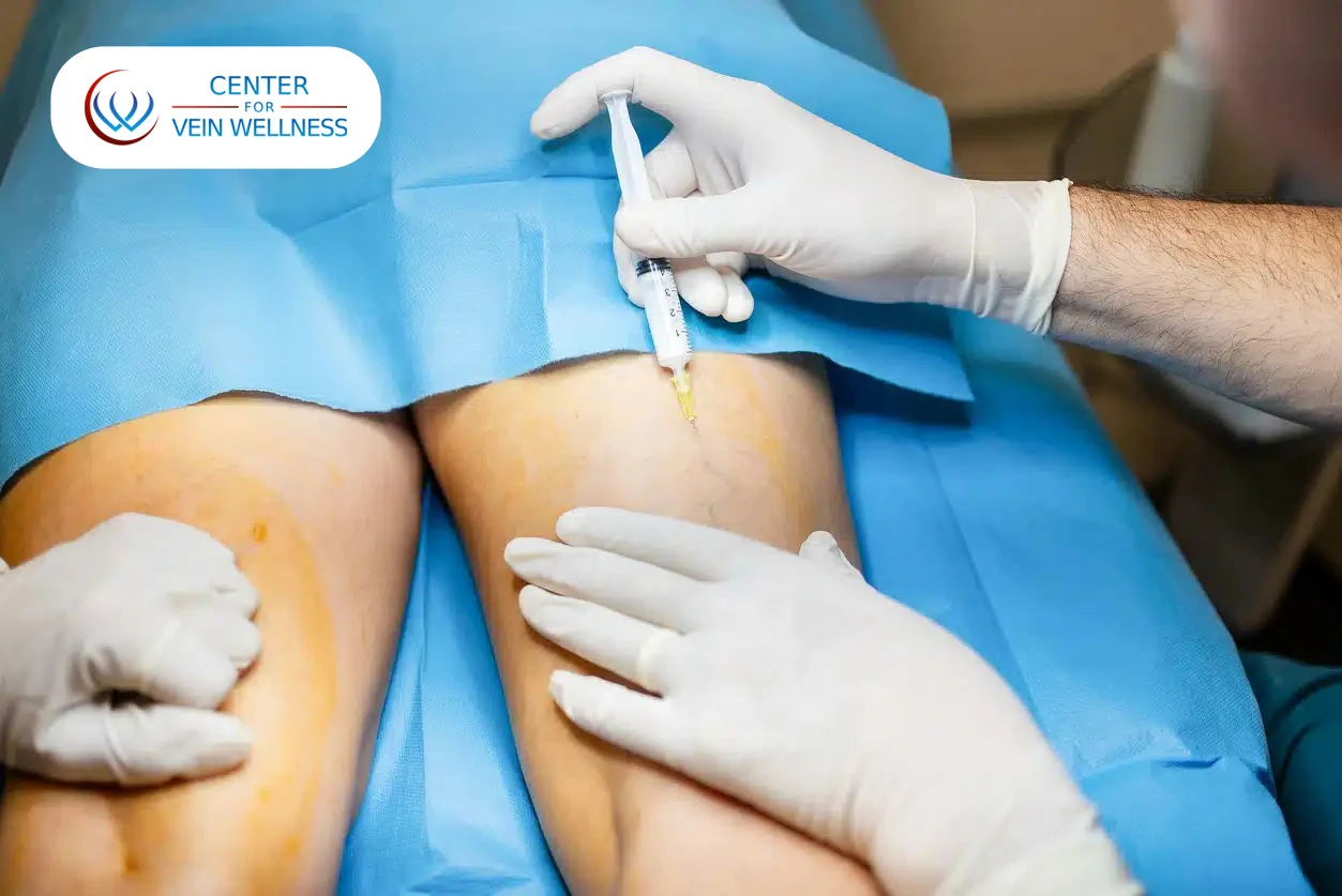 Doctor performing sclerotherapy injection treatment for spider veins and varicose veins on patient’s legs at Center for Vein Wellness clinic.