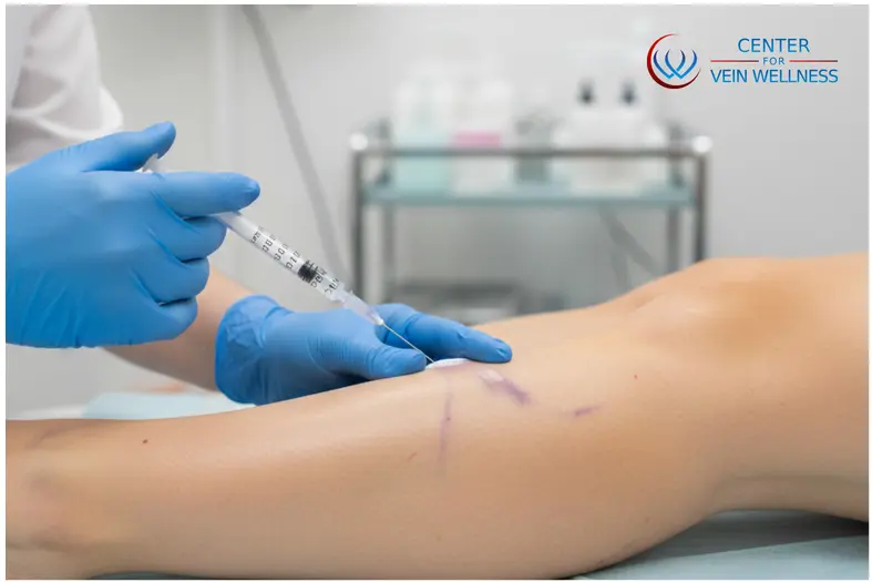 Sclerotherapy treatment in progress as a medical professional injects solution into a patient’s leg vein.