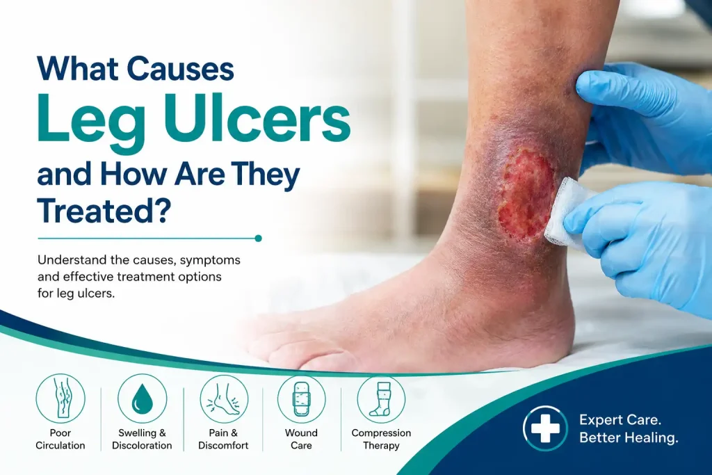 Leg ulcer causes, symptoms, and treatment options including wound care and compression therapy for improved healing
