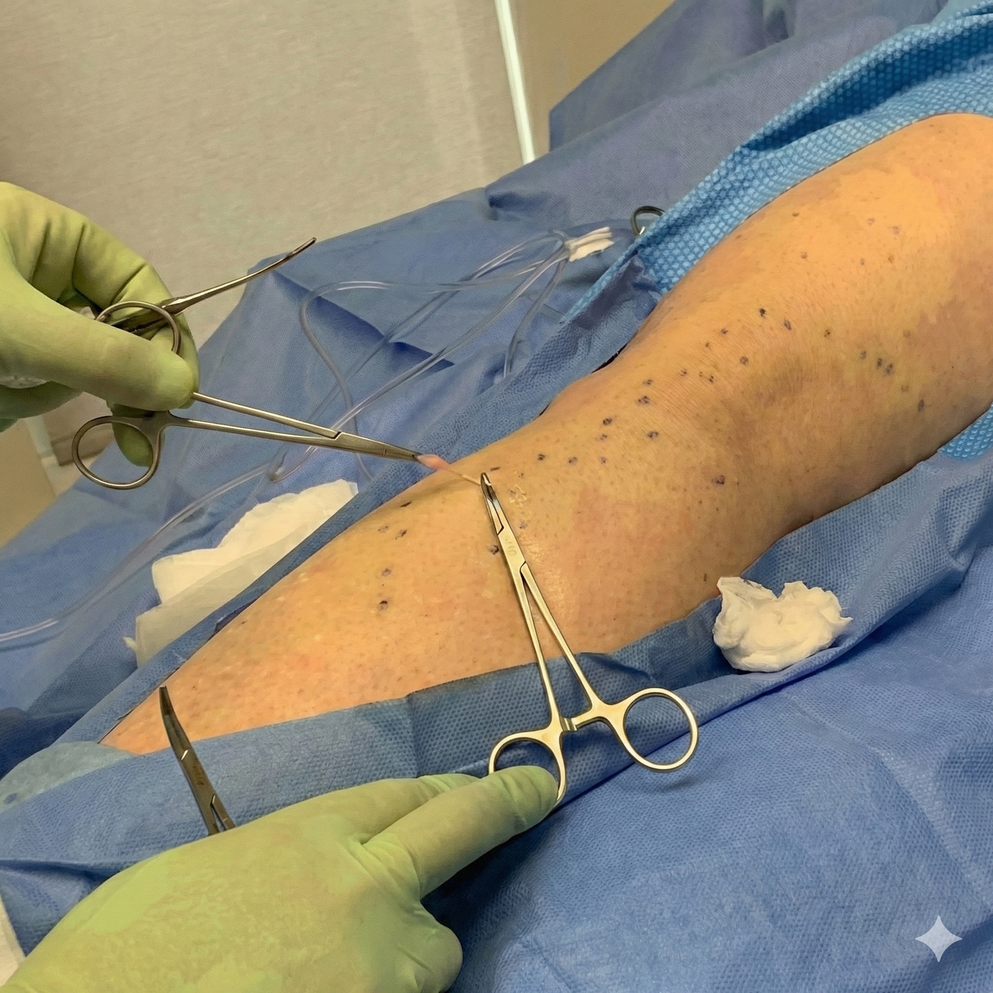 Physician examining a patient's leg for varicose veins