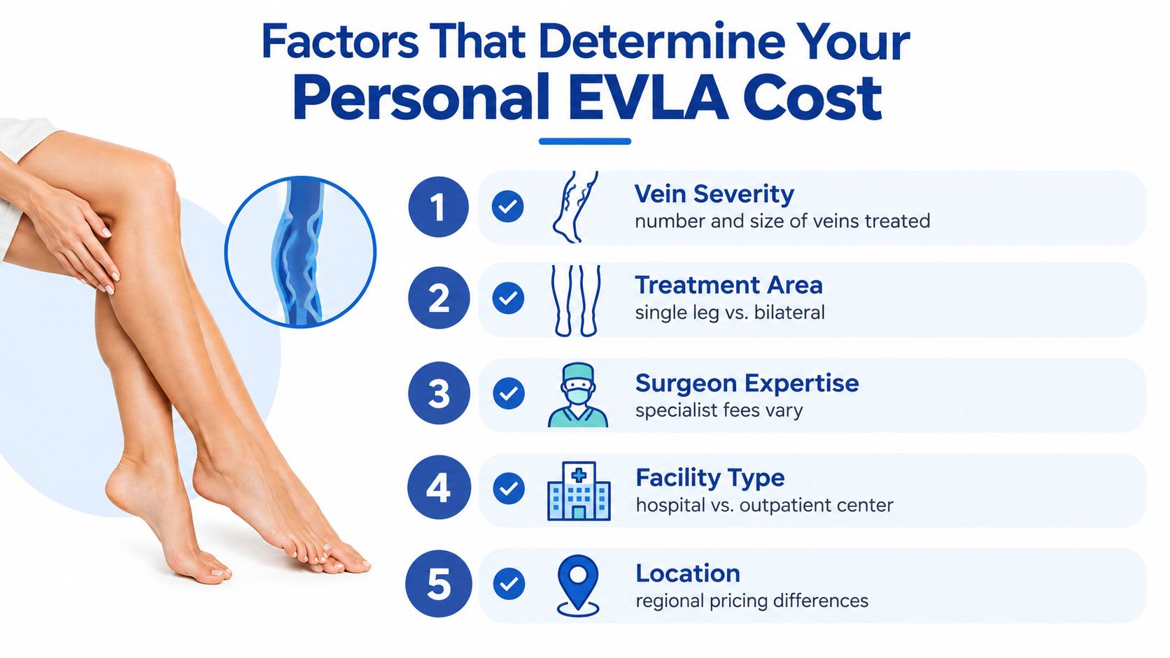 An infographic detailing five factors that influence the total personal cost of EVLA vein treatment procedures.