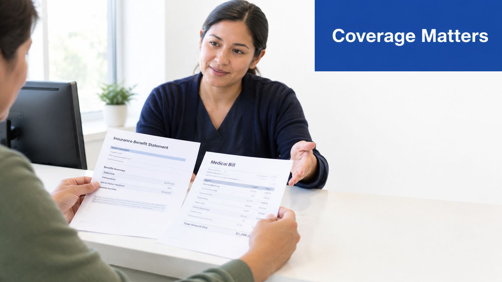 A healthcare administrator explains insurance and medical billing documents to a patient at a front desk.