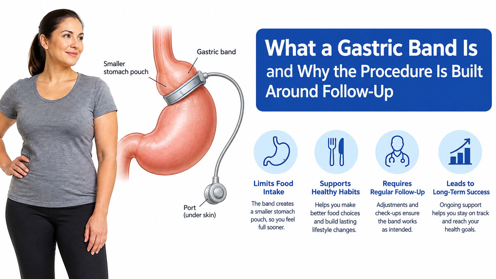 An infographic illustration showing how a gastric band creates a smaller stomach pouch to aid weight loss.