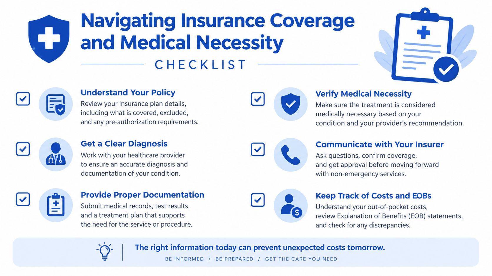 A checklist infographic titled Navigating Insurance Coverage and Medical Necessity with six tips for healthcare patients.