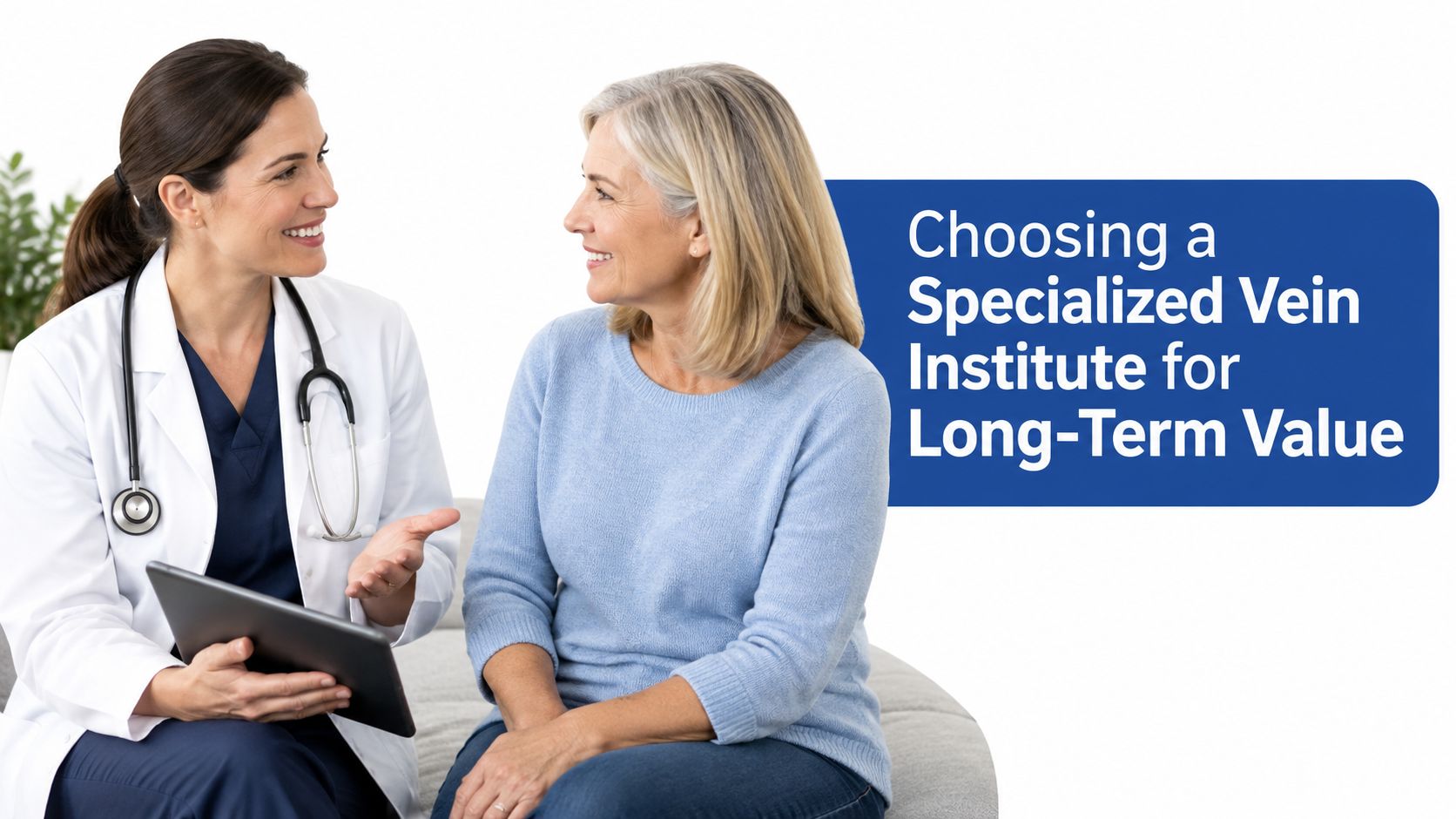 A female doctor in a white coat consulting with a smiling elderly patient about vein treatment.