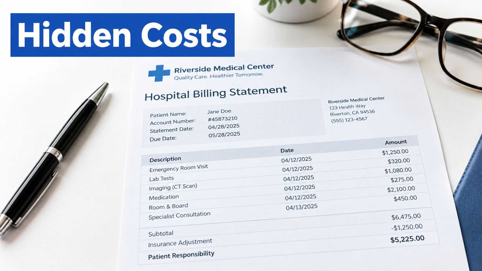 A hospital billing statement from Riverside Medical Center showing itemized medical costs and patient financial responsibility.