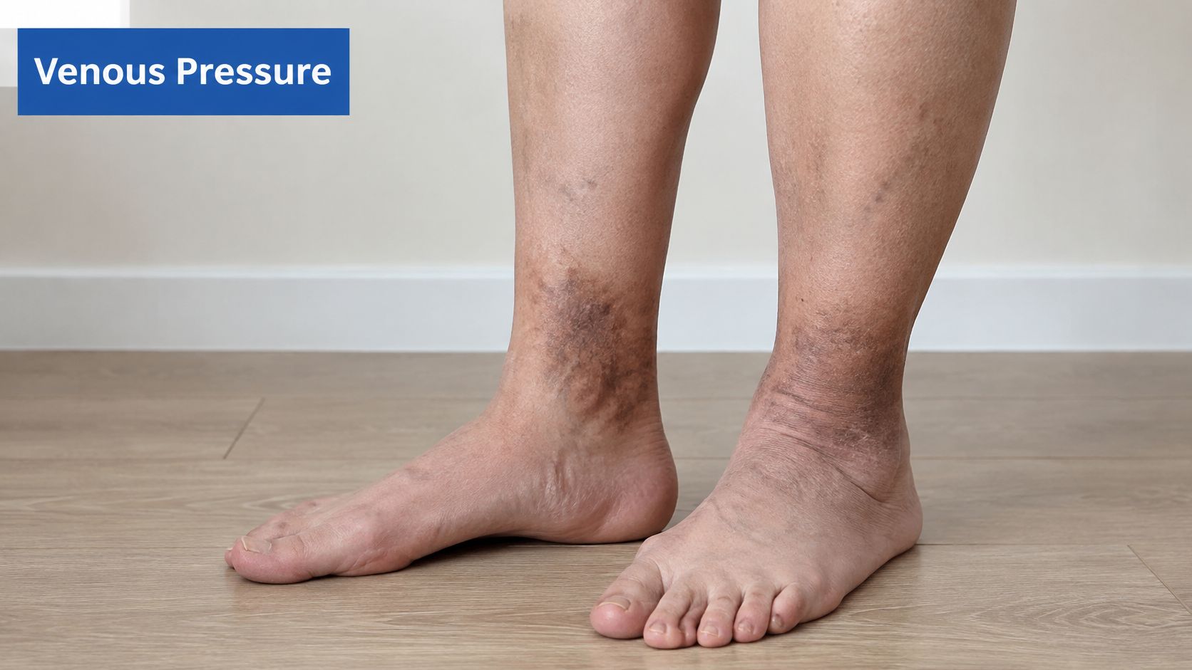 A close-up view of lower legs showing skin discoloration and brown splotches caused by chronic venous insufficiency.