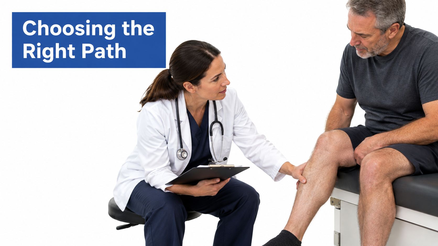 A female doctor in a white coat examines a mature male patient's leg in a clinical setting.
