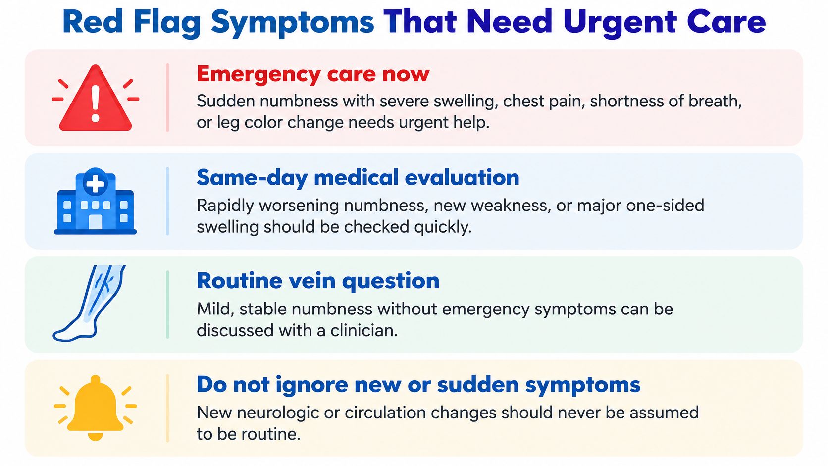 A chart listing red flag symptoms for numbness, such as emergency care, same-day evaluation, and routine questions.