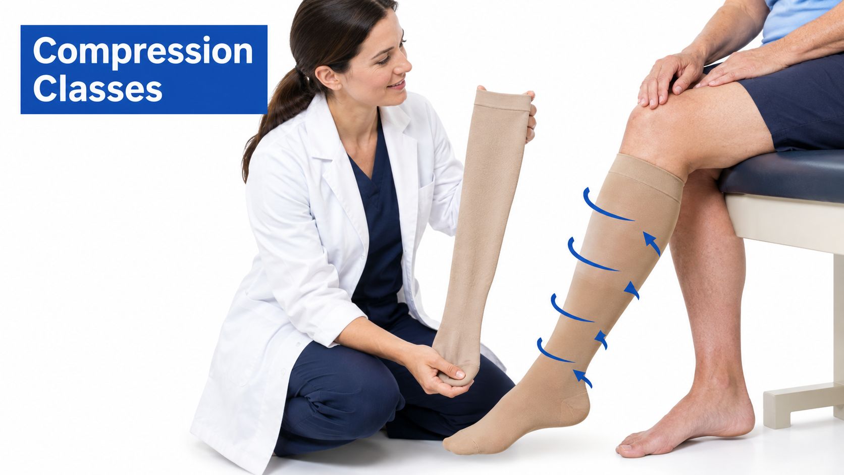 A female doctor fitting a patient with beige medical compression stockings for chronic venous insufficiency treatment.