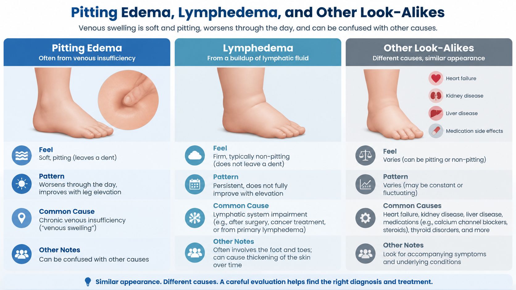 A comparison chart showing differences between pitting edema, lymphedema, and other causes of leg swelling.