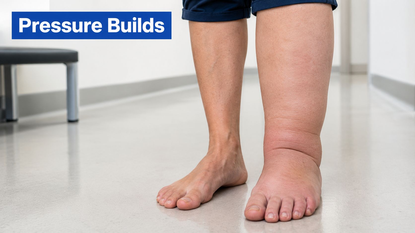 A person stands showing severe swelling in their left lower leg compared to the normal right leg.