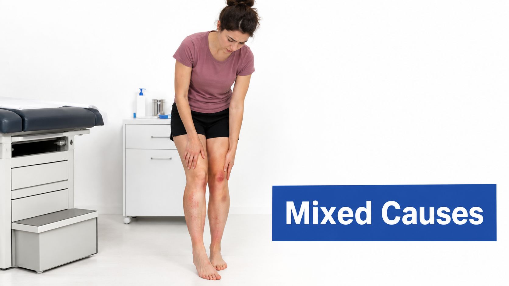 A woman standing in a clinic with red, inflamed skin on her lower legs and knees.