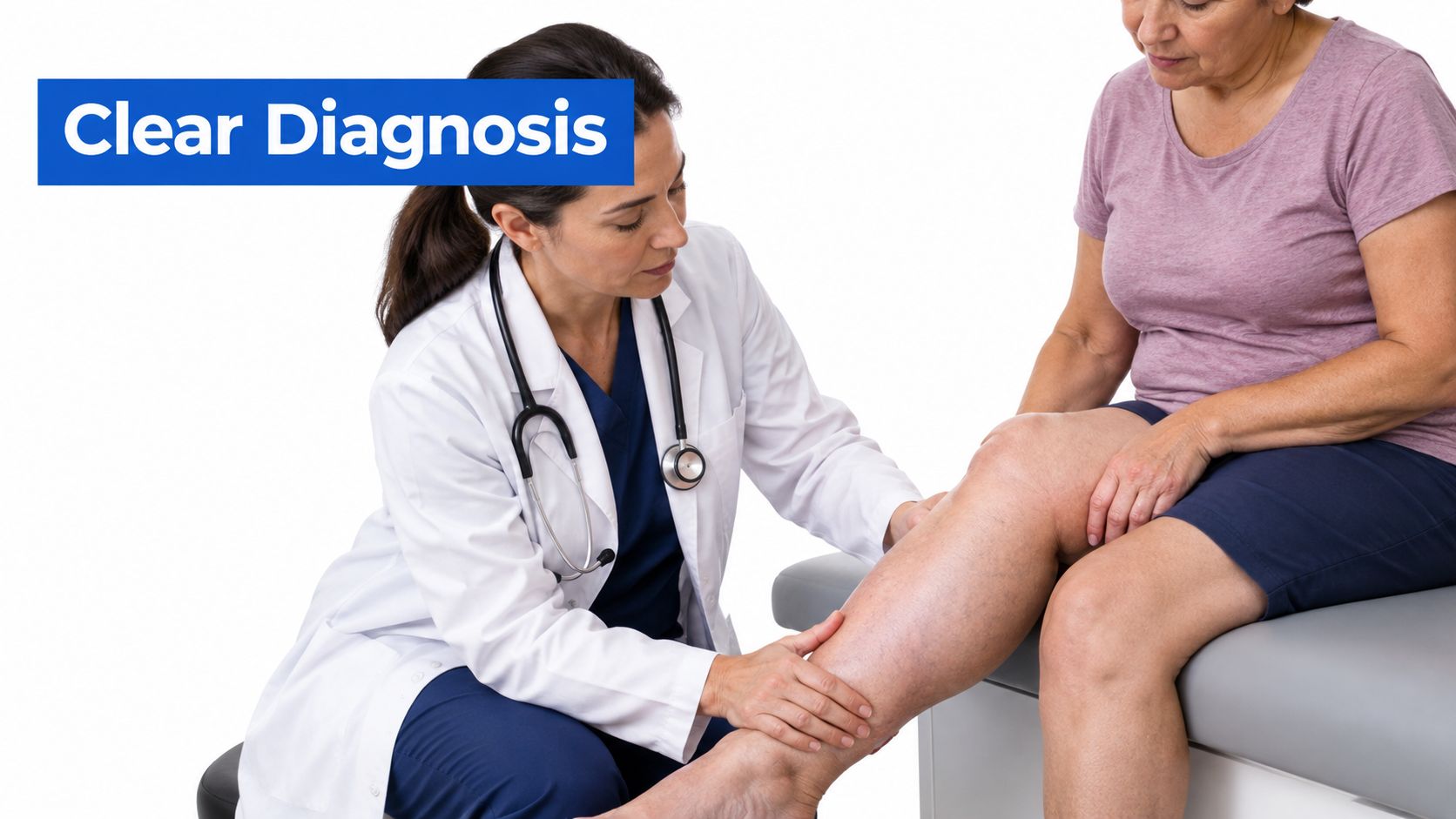 A doctor in a white coat examines the lower leg of an older female patient in clinic.