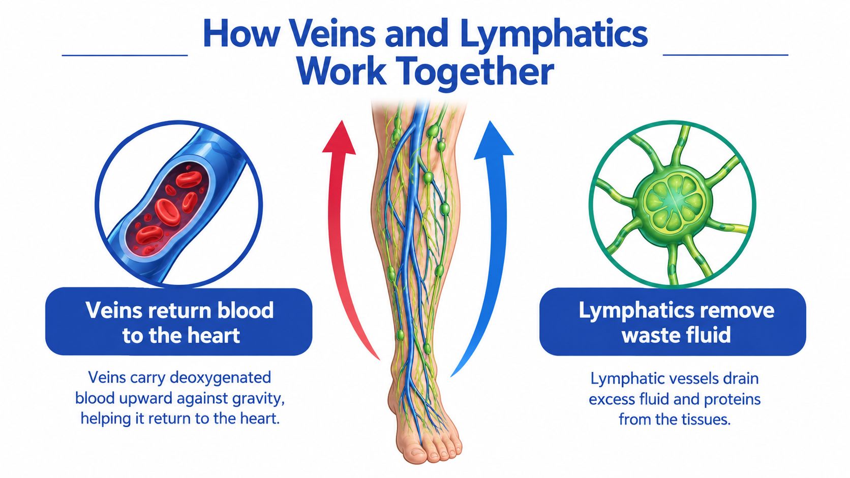 An infographic illustrating how the human venous and lymphatic systems work together to circulate blood and fluid.