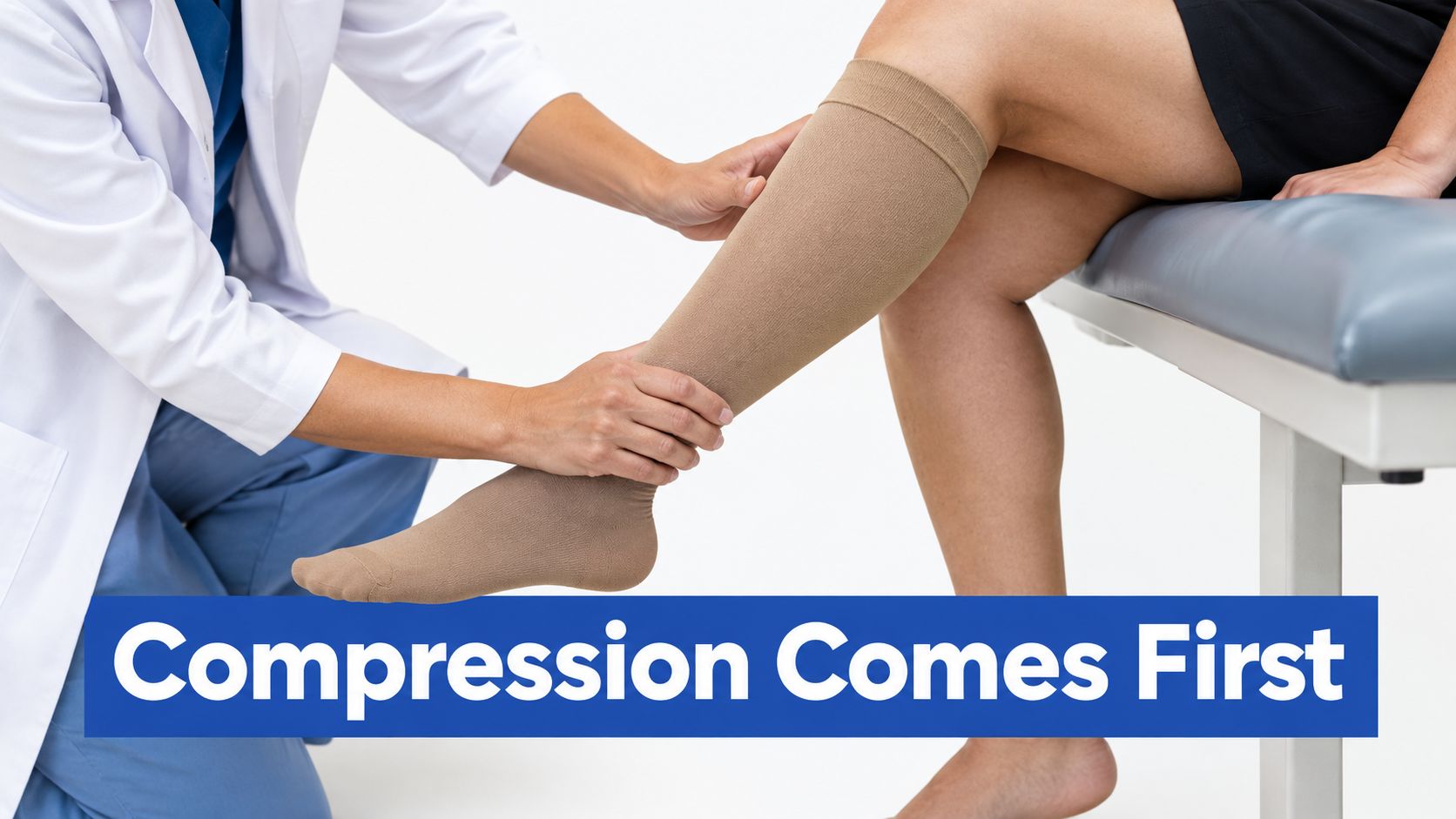 A medical professional in a lab coat helping a patient put on beige compression hosiery on their leg.