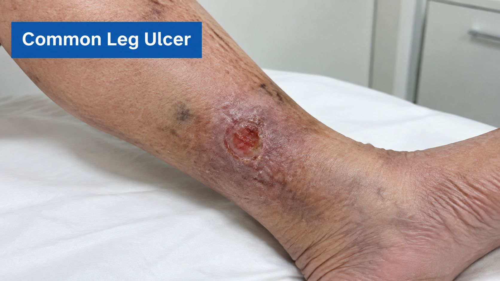 A close-up view of a chronic venous leg ulcer on the lower shin area of an elderly patient.