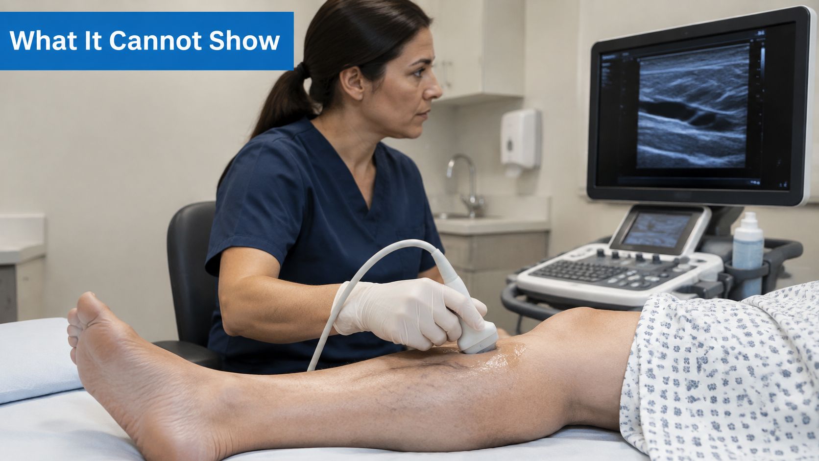 A medical professional performing a leg ultrasound scan on a patient to examine venous structures.