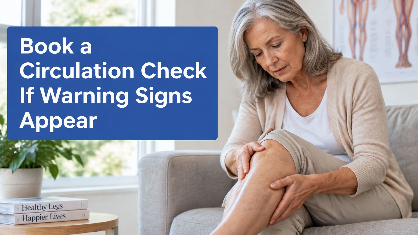 An elderly woman sitting on a couch examining her leg, with text prompting a circulation check.