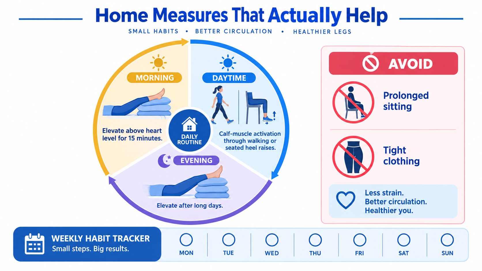 An infographic detailing daily habits for better circulation, including leg elevation, muscle activation, and what to avoid.