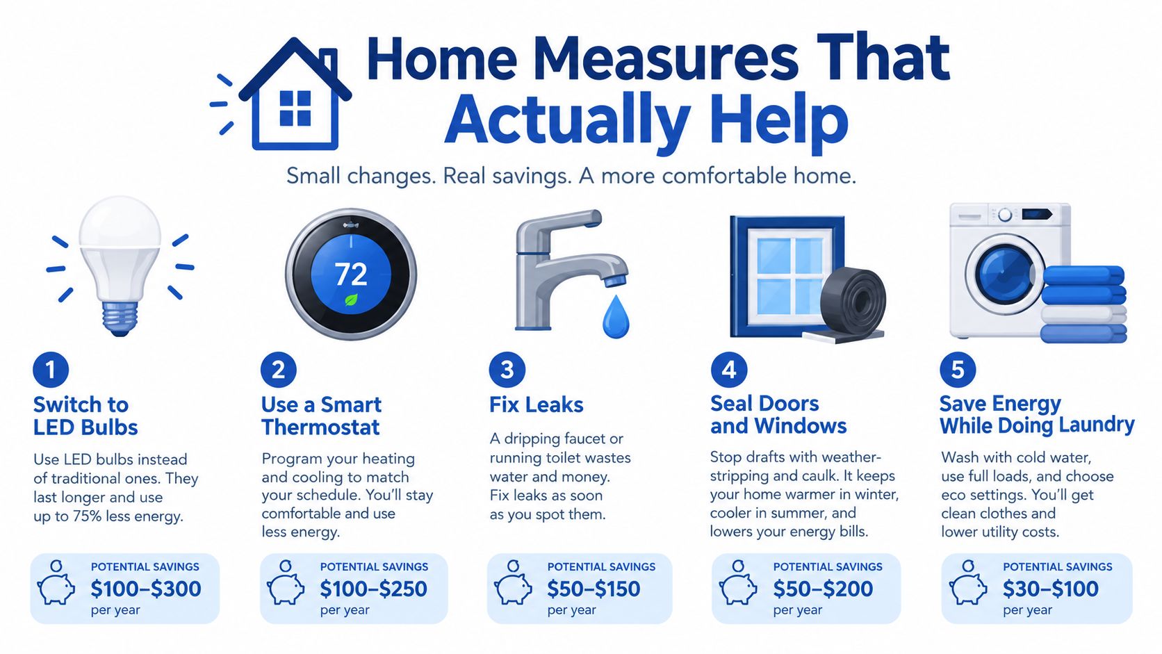 An infographic showing five simple home improvement measures to save energy, money, and increase household comfort.