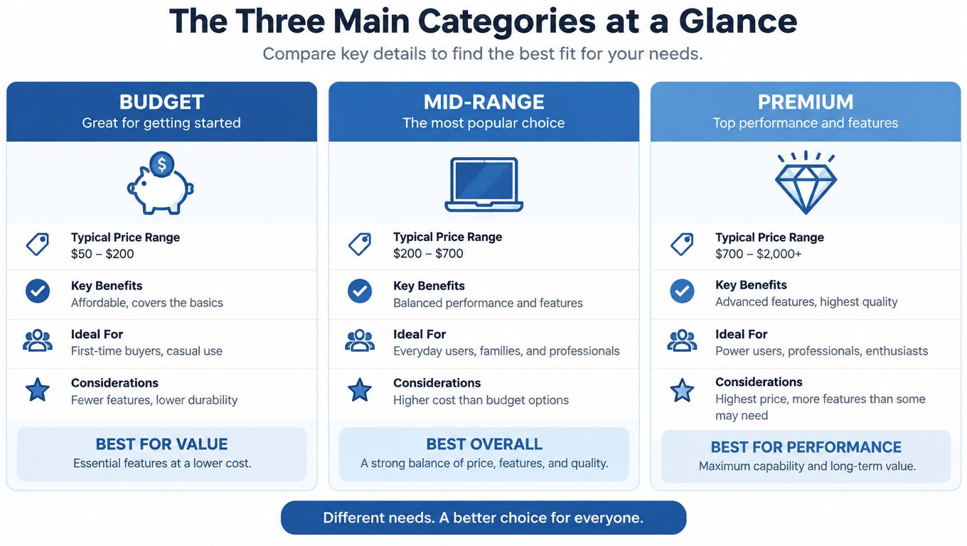 A comparison chart outlining the differences between budget, mid-range, and premium product categories based on price and features.