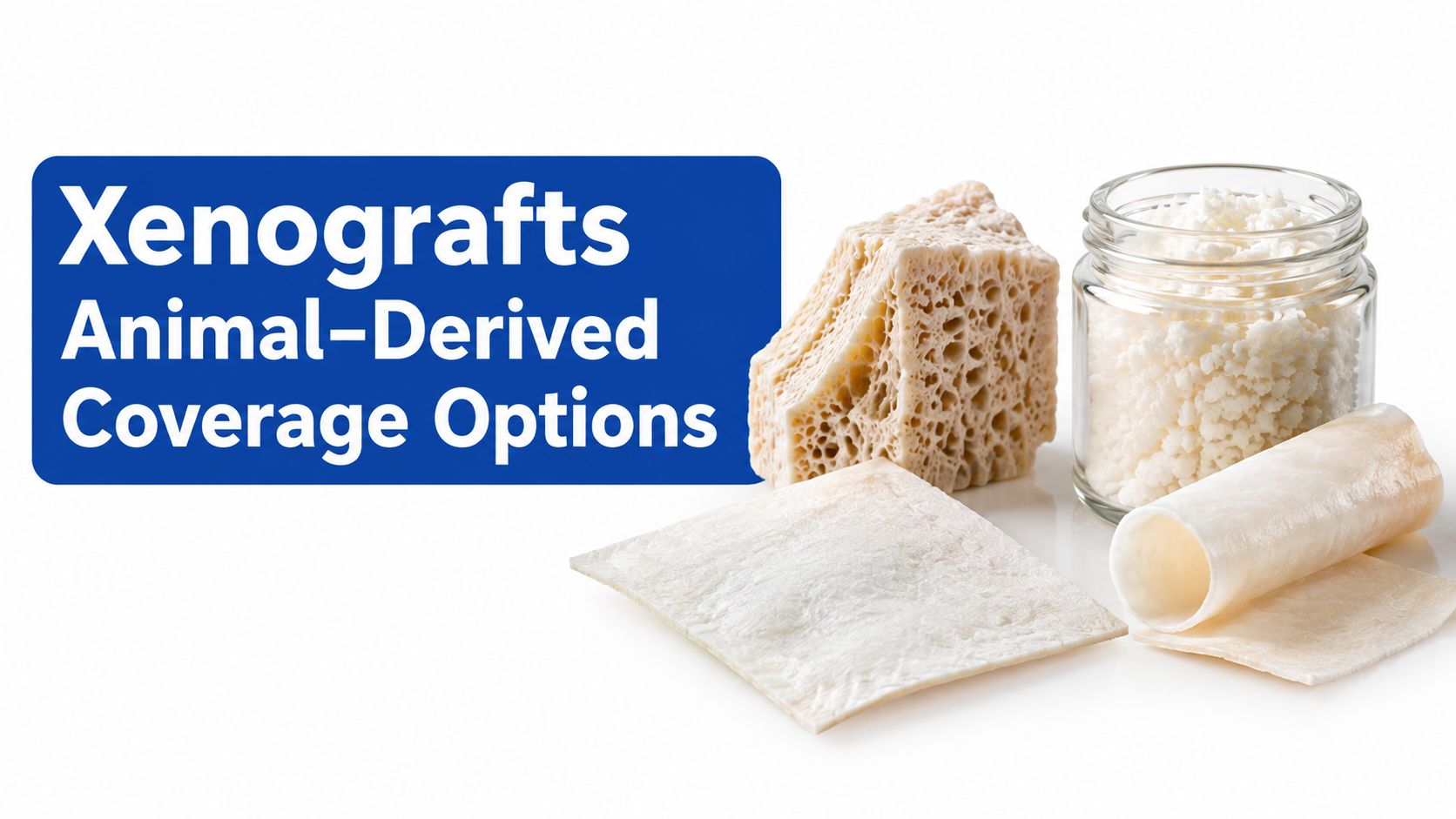 Various medical xenograft animal-derived bone and membrane graft materials used for surgical tissue coverage options.