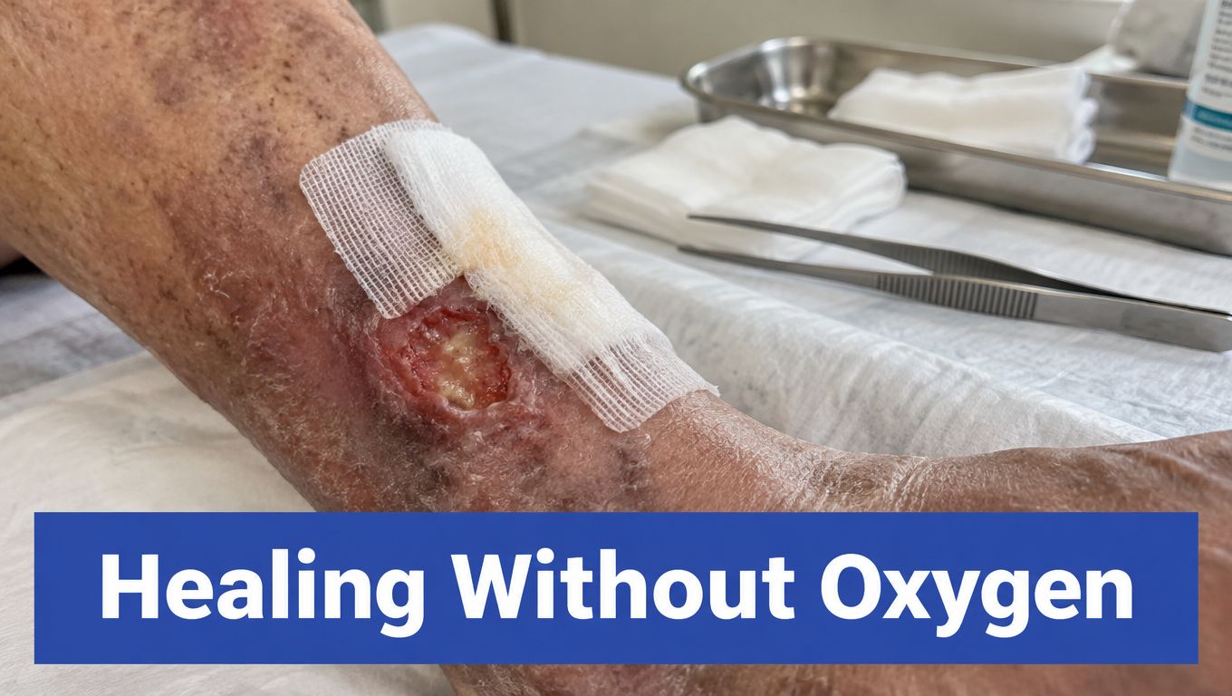 A close-up view of a chronic wound on a human lower leg with gauze dressing applied.