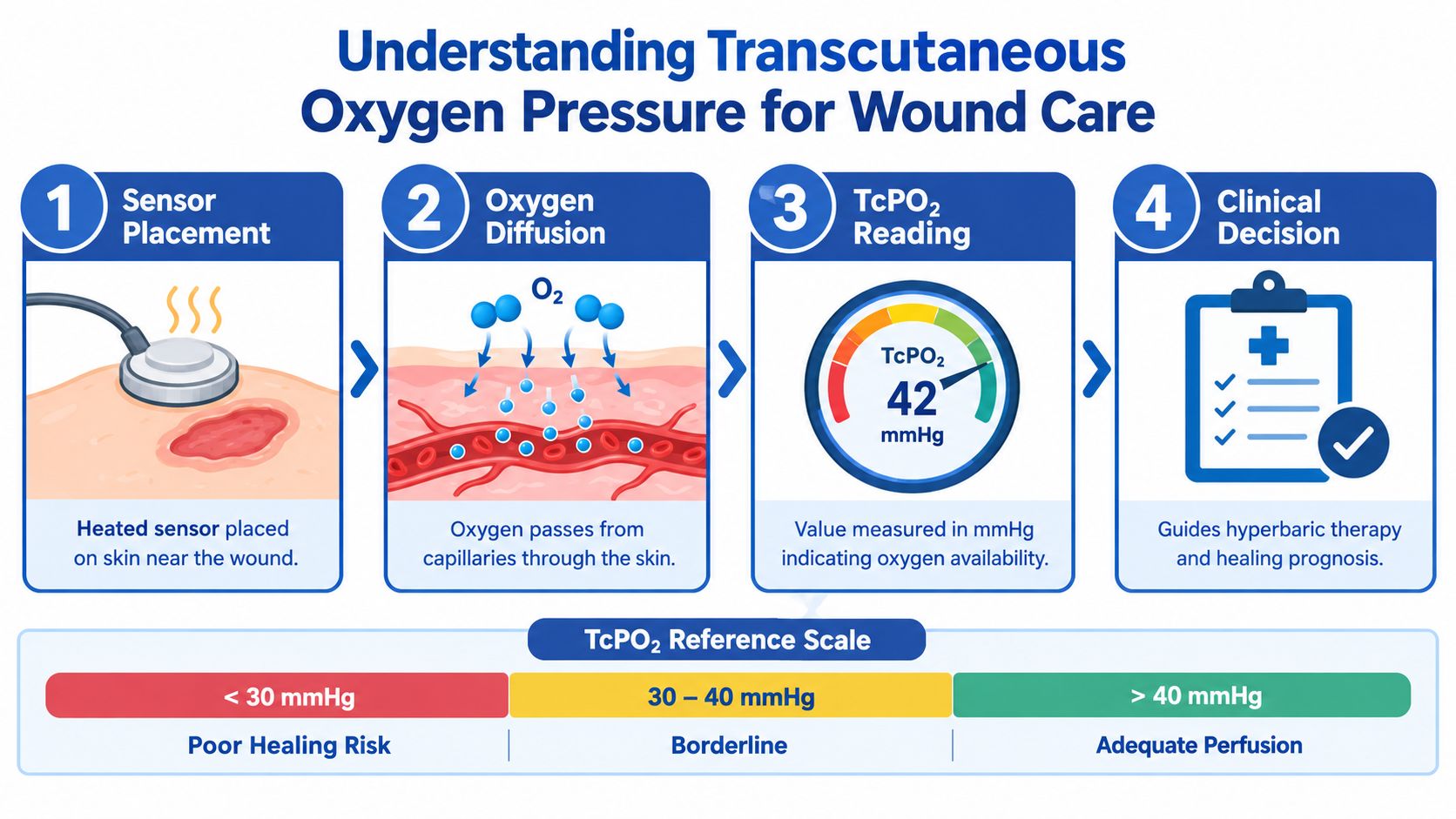 An infographic detailing the four-step process for measuring transcutaneous oxygen pressure to assess wound healing potential.