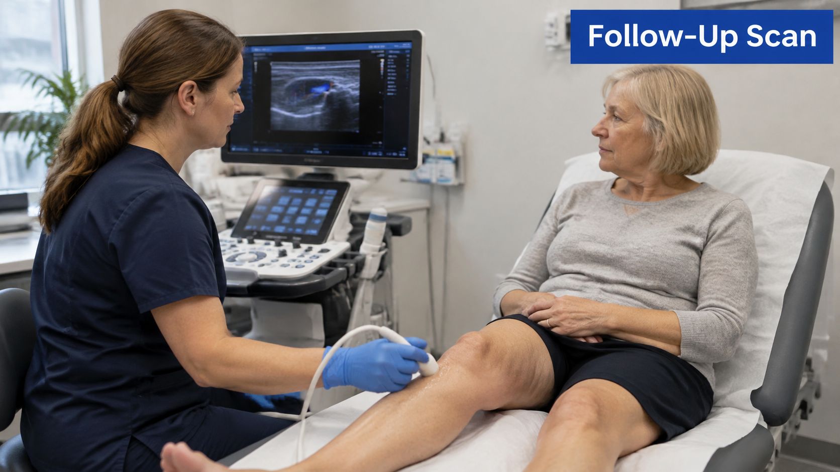 A healthcare professional performs an ultrasound on a patient's leg during a follow-up medical appointment.