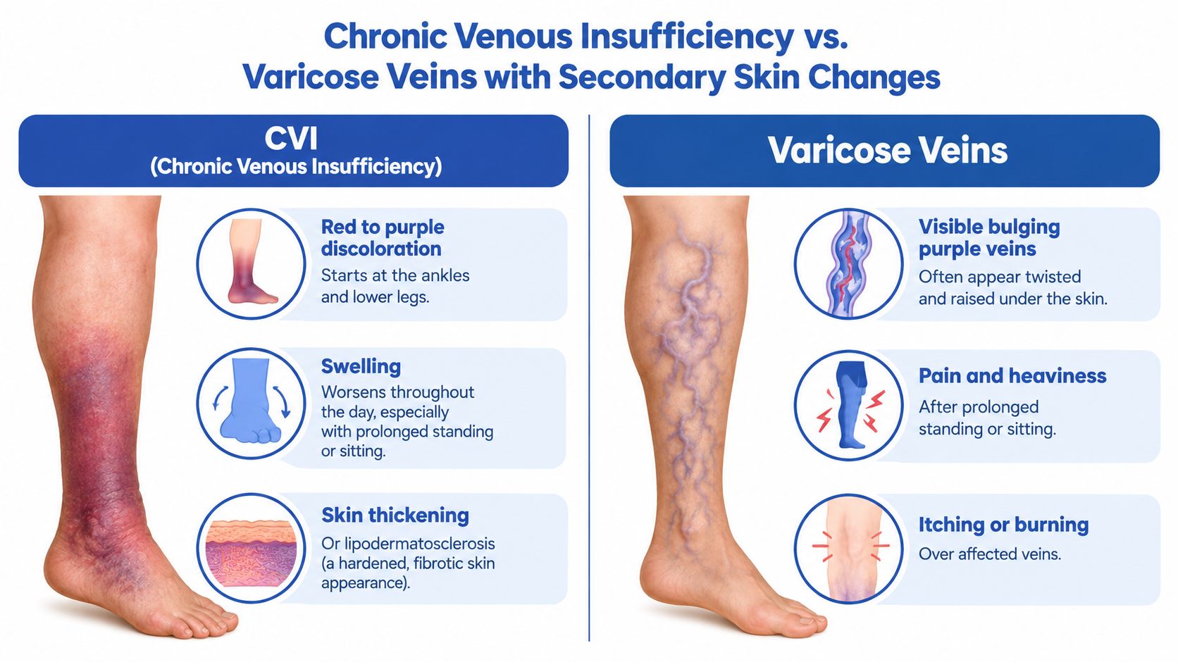 A comparative medical illustration showing the visual differences between Chronic Venous Insufficiency and Varicose Veins on legs.