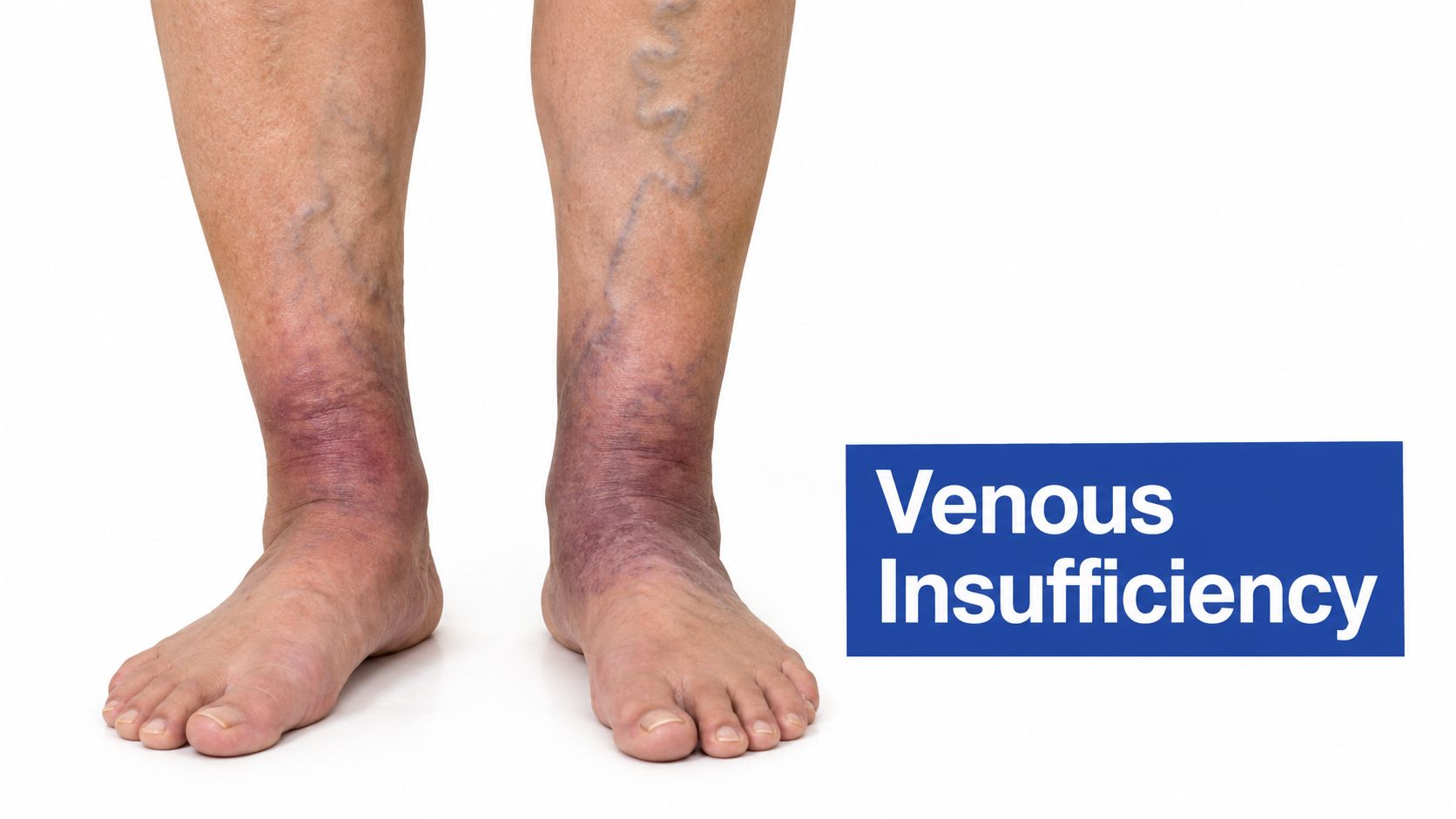 A close-up view of human legs showing signs of venous insufficiency with discolored skin and visible veins.