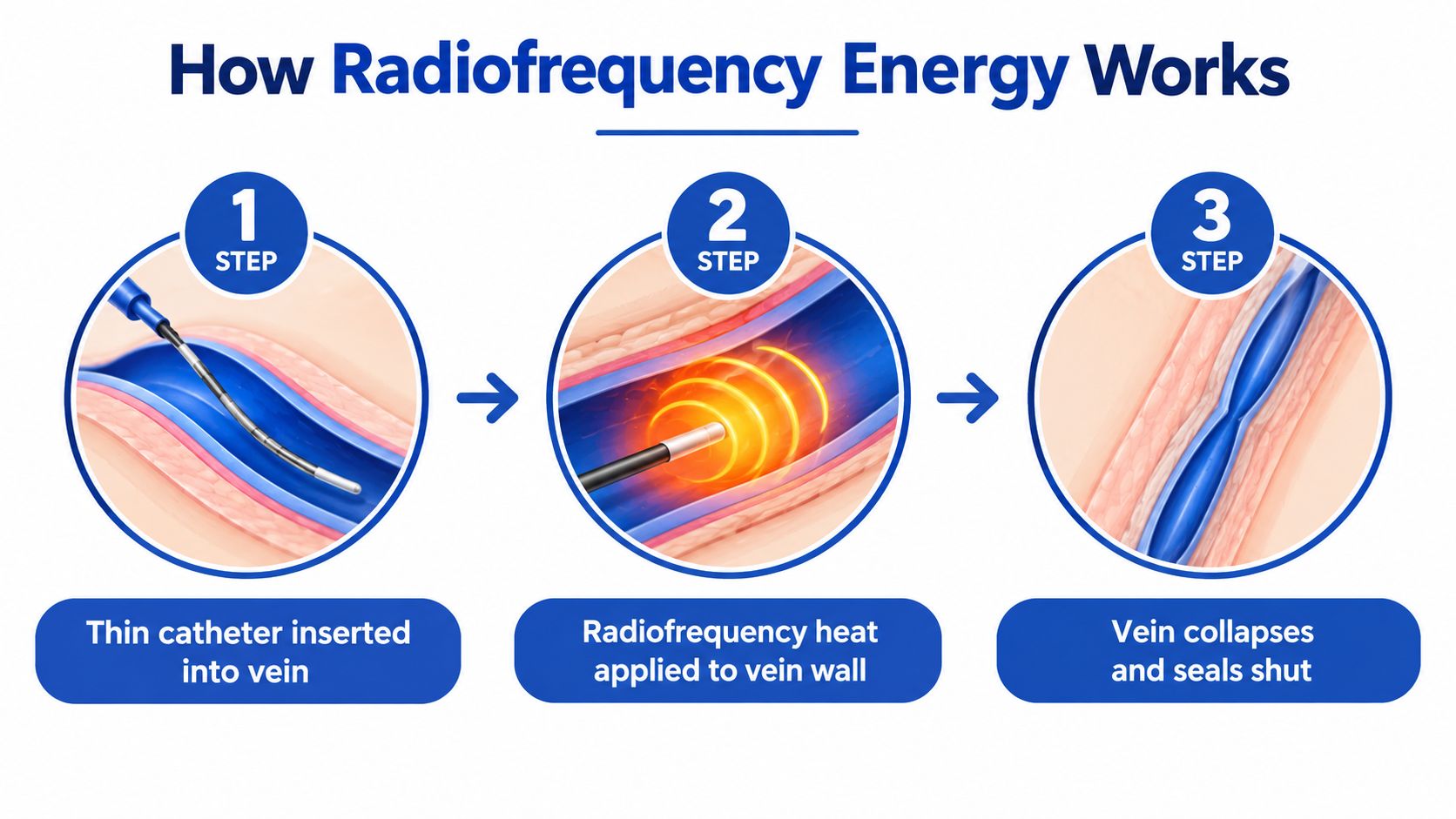 A diagram illustrating the three steps of a radiofrequency ablation procedure for treating varicose veins.