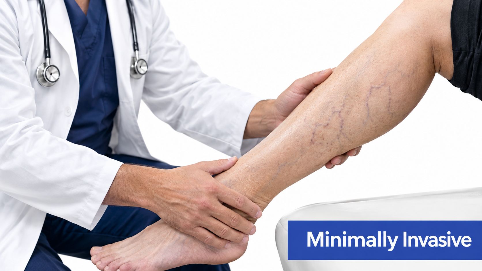 A doctor examines a patient's leg displaying spider veins to discuss minimally invasive treatment options.