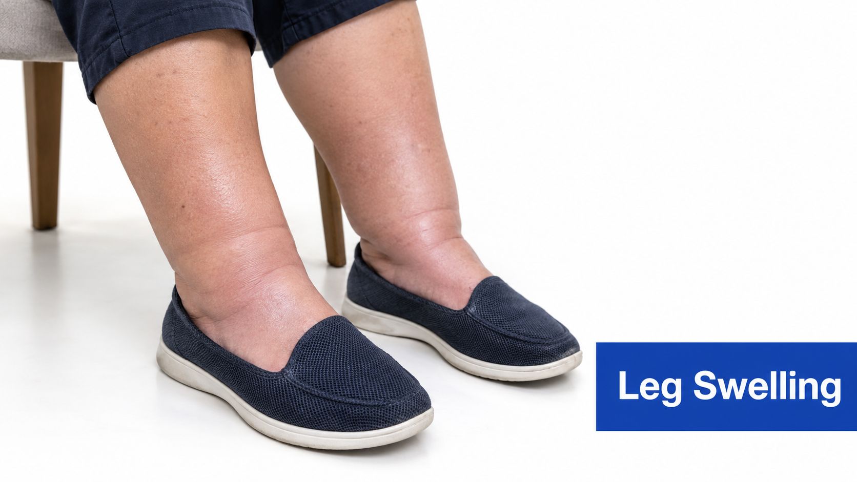 A pair of human legs showing significant swelling, also known as edema, with dark blue shoes.