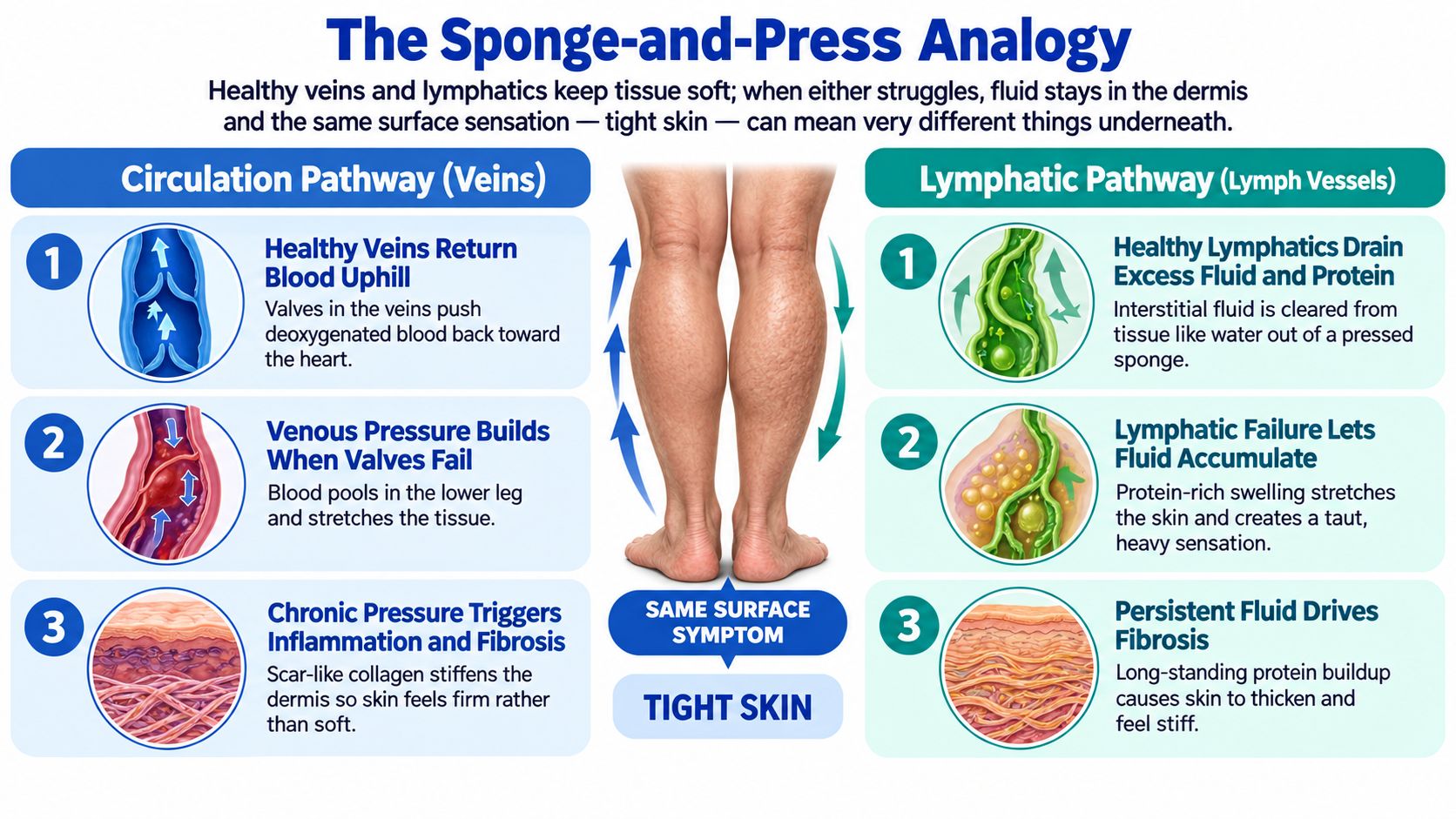 An infographic showing how venous and lymphatic issues both cause tight skin on legs through different mechanisms.