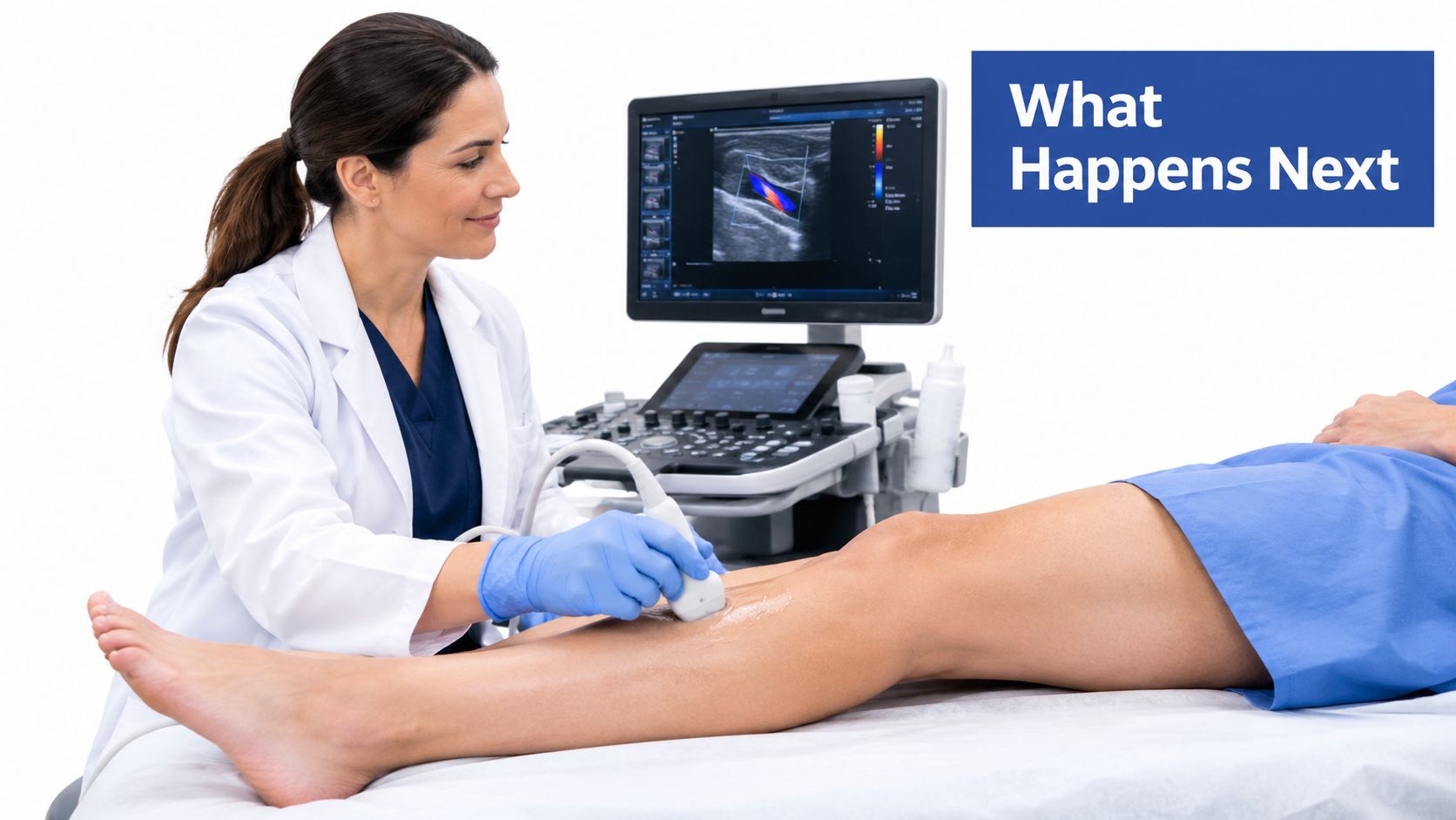 A female medical professional performing a vascular ultrasound examination on a patient's leg with conductive gel applied.