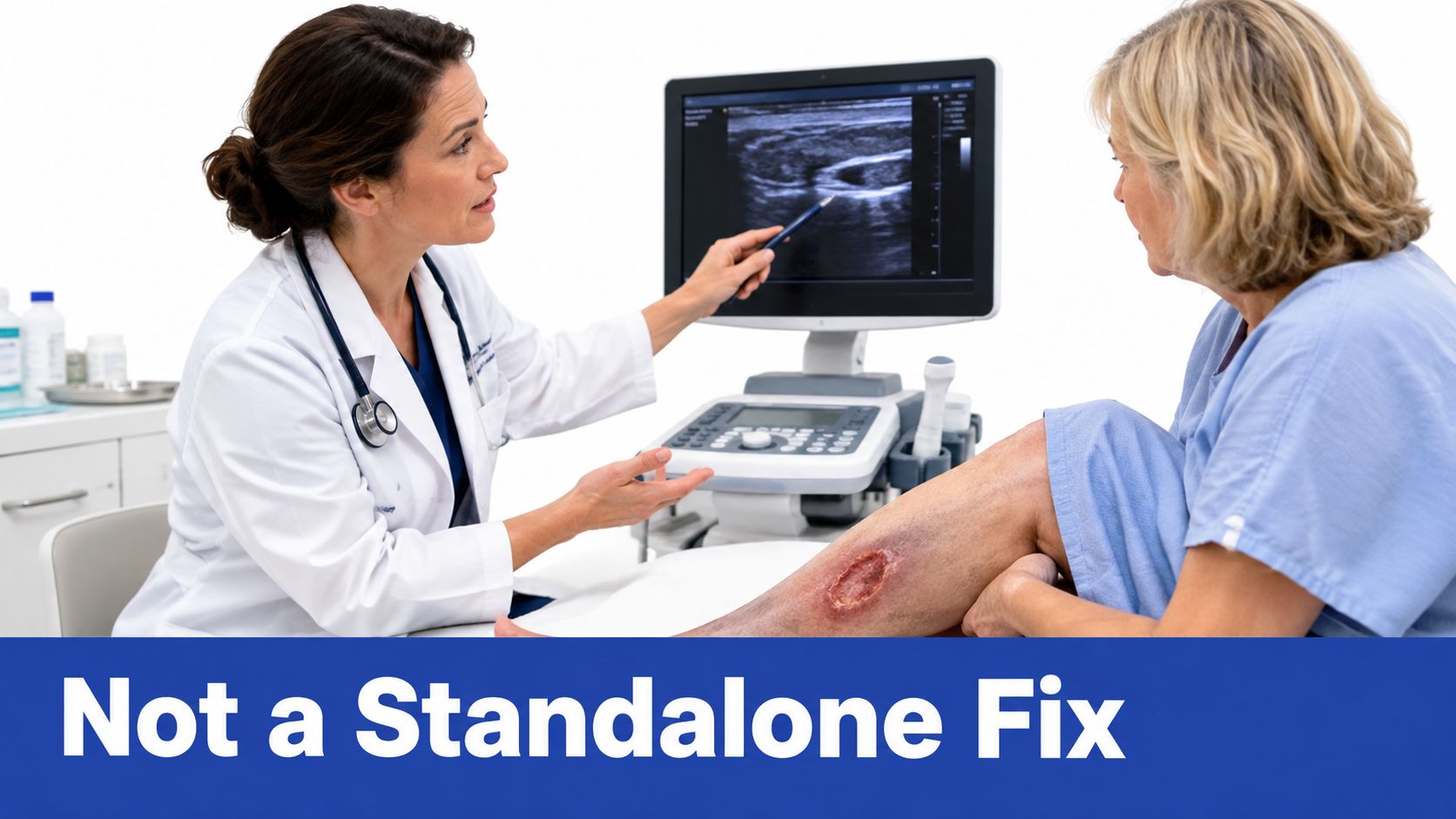 A doctor pointing at an ultrasound screen while consulting with a patient about their leg wound