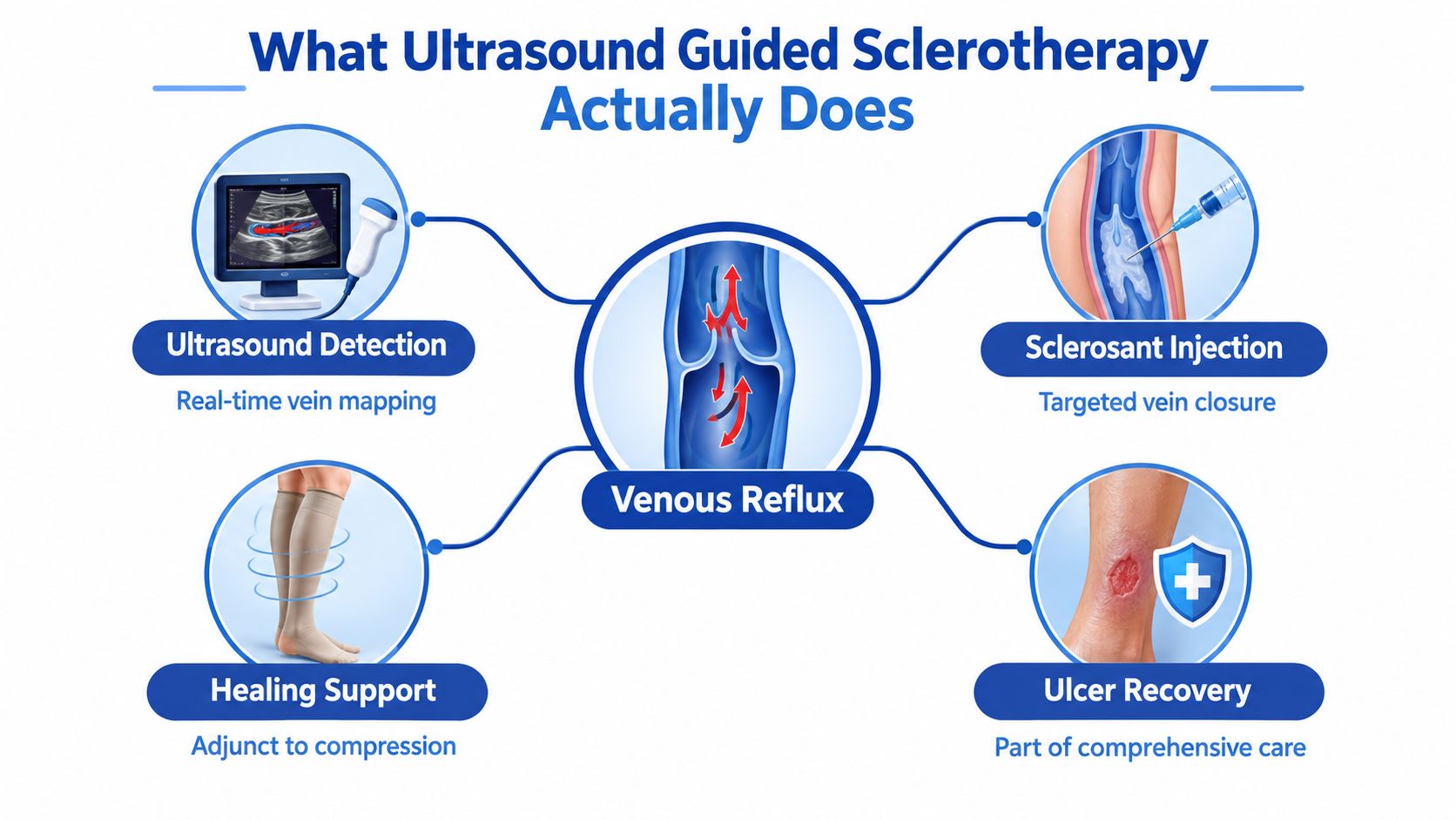 A medical infographic showing the process of ultrasound-guided sclerotherapy to treat venous reflux and promote ulcer healing.
