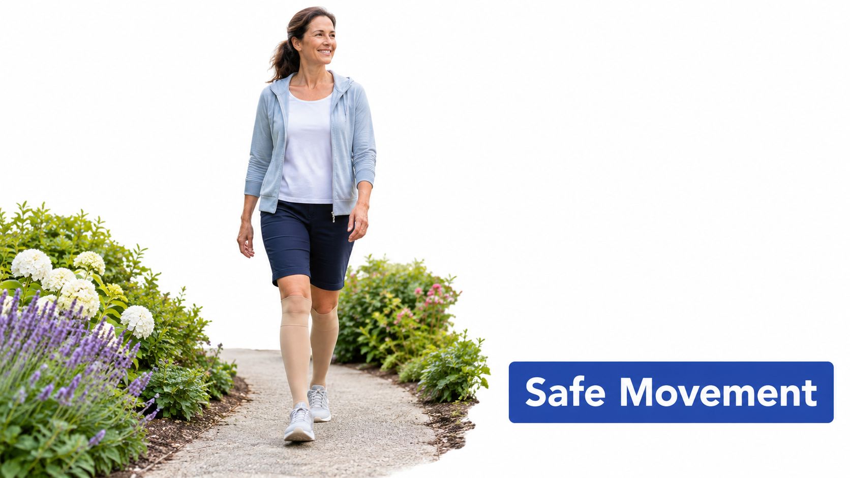 A woman wearing compression stockings walks confidently on a garden path, representing active recovery after medical procedures.