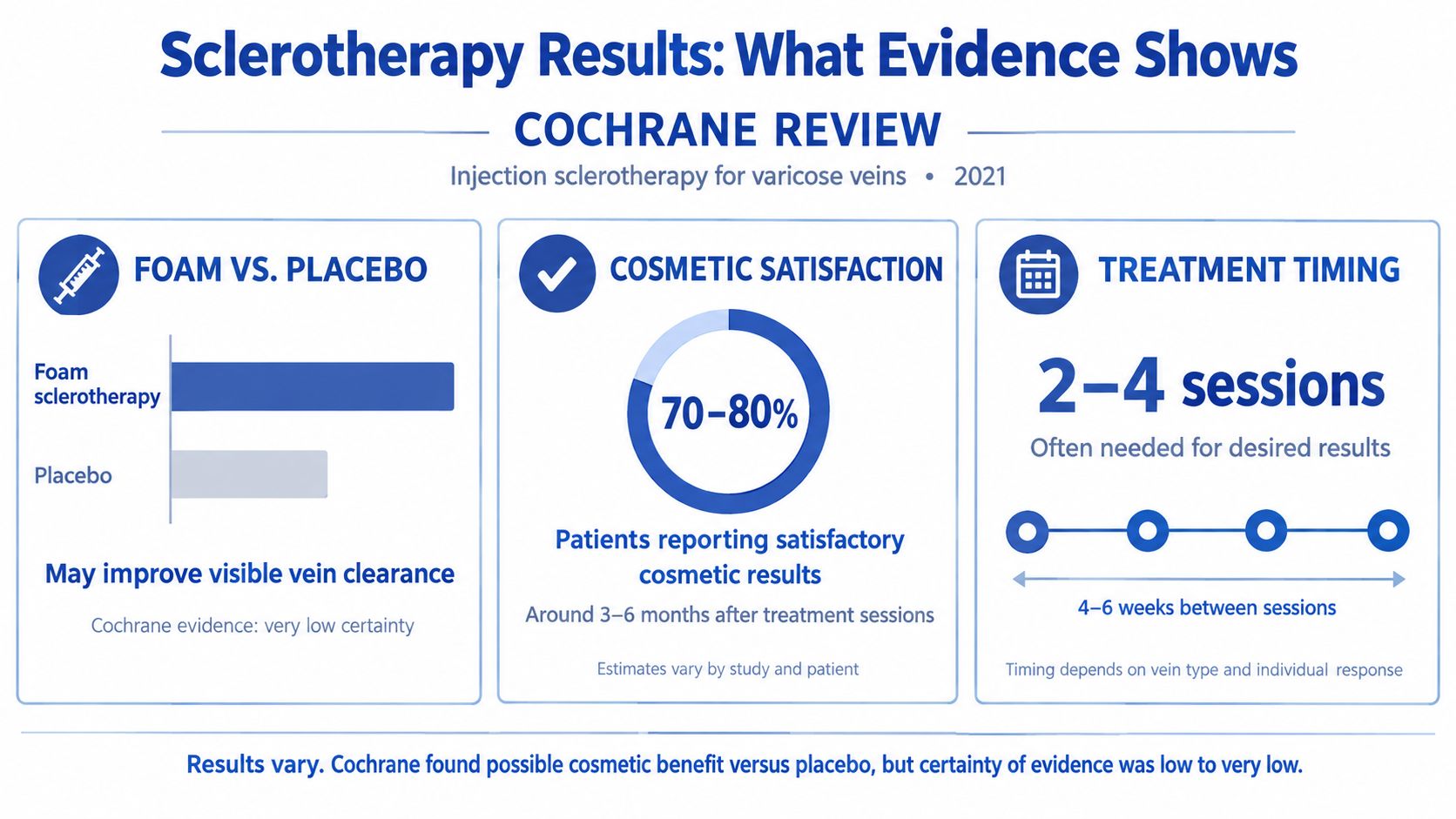 An infographic titled Sclerotherapy Results: What Evidence Shows detailing efficacy, cosmetic satisfaction, and treatment timing sessions.