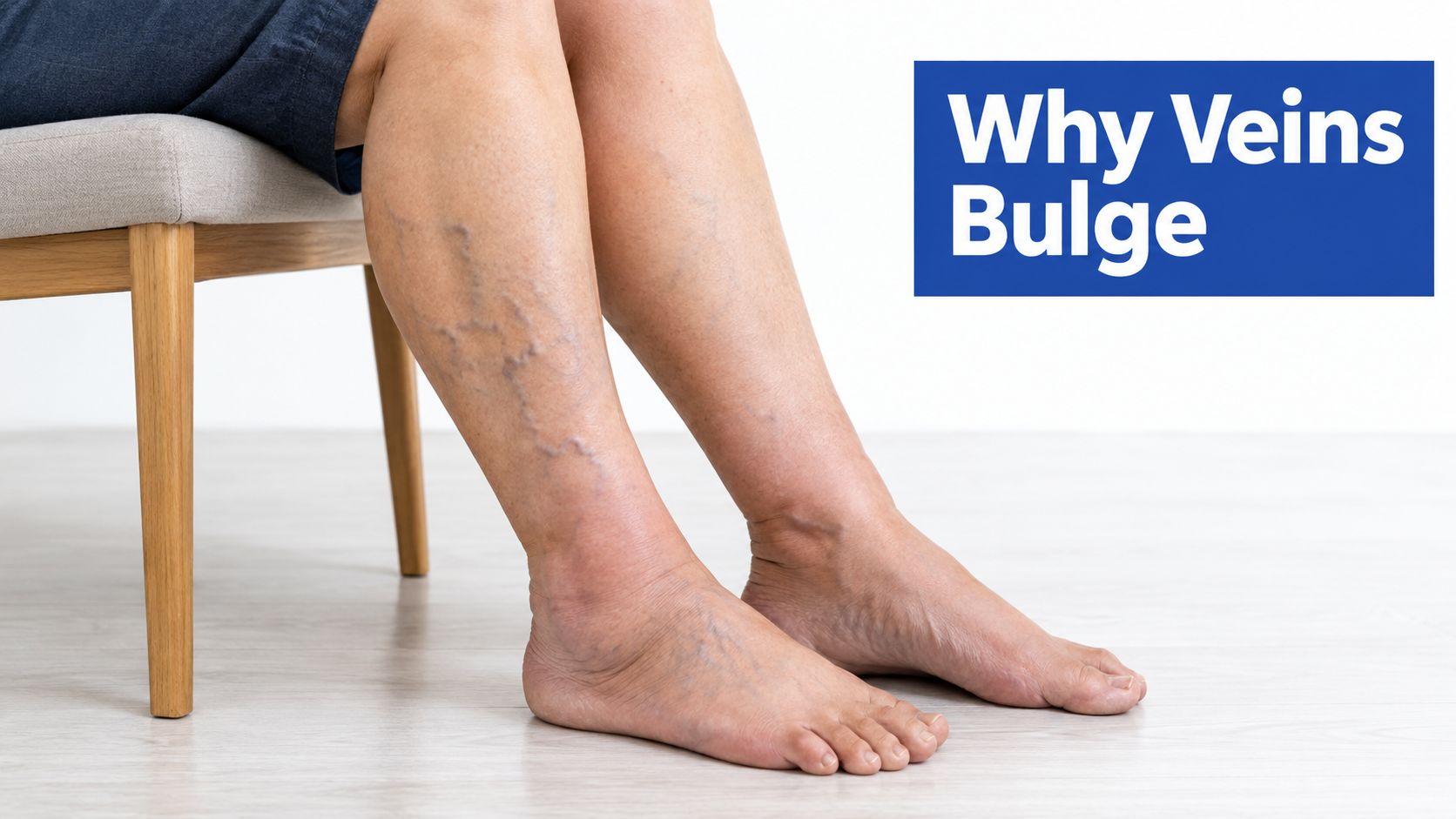 A person sitting on a chair with visible varicose veins on their lower legs and feet.